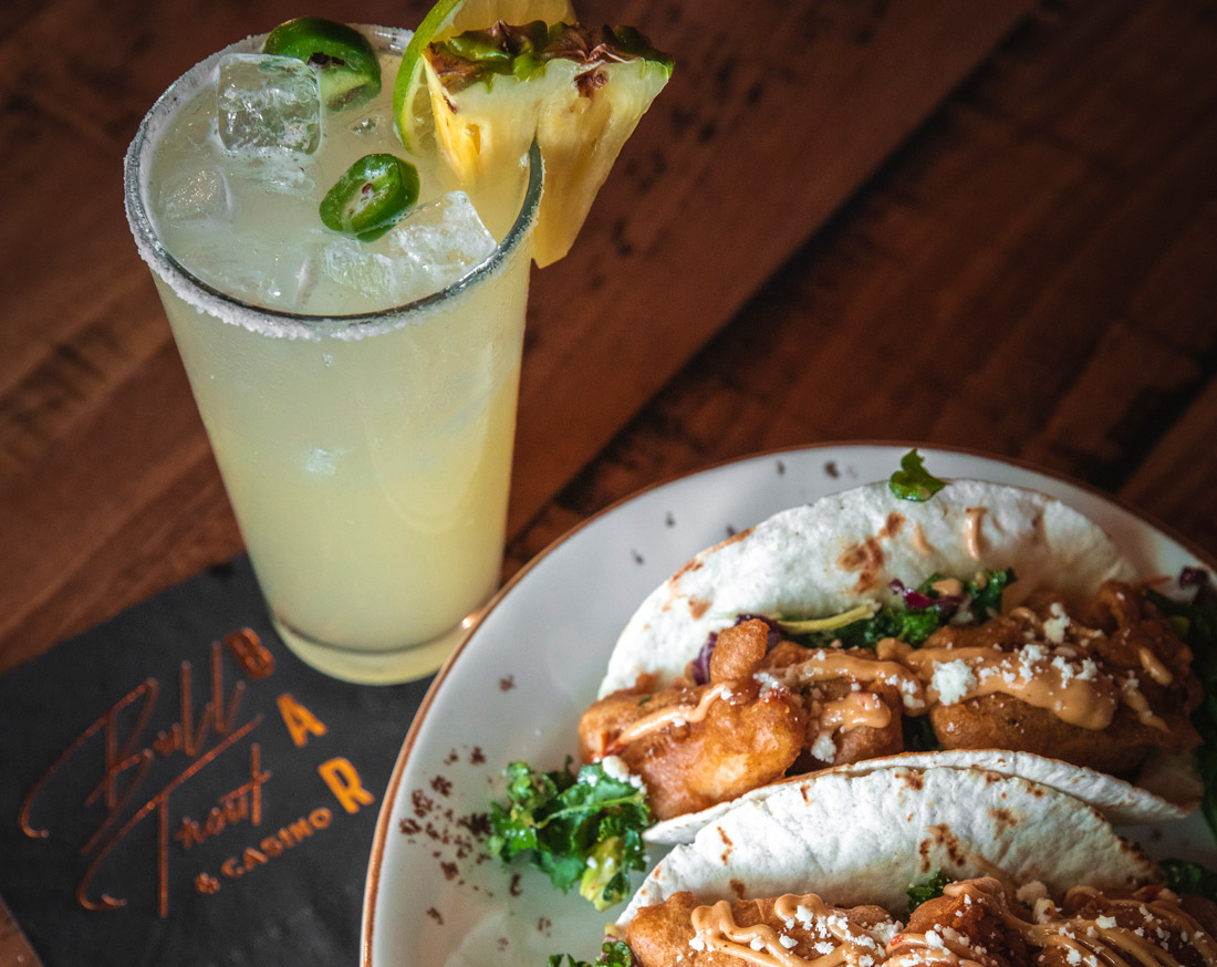 Bull Trout Bar spicy margarita and beer battered trout tacos
